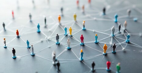 Simplified network of people connecting on a gray background with space for text, symbolizing social media marketing and community building for business branding concepts