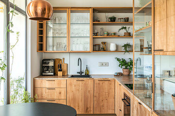 Modern Kitchen with Open Shelving and Stylish Copper Accents