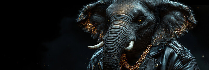 A close-up of a powerful-looking elephant wearing a leather jacket and a gold chain.