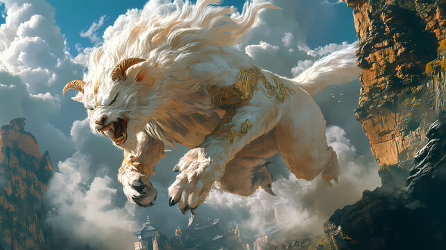 Ai generated illustration of a chimera with white fu man chu maine, pouncing off a cliff. Chimera. Illustration