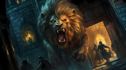 As a group of adventurers approach the door to the alchemists laboratory they are met with a terrifying chimera its lions head snarling . . Chimera. Illustration