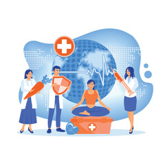 Health and life insurance. People maintain a balance between health and work. World Health Day concept. Flat vector illustration.