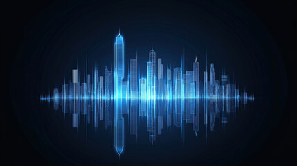 futuristic blue glowing modern city skyline and the beautiful reflextion in water at night