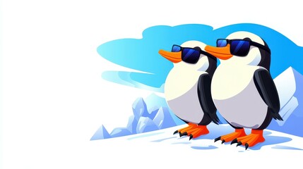 Obraz premium Fun penguins rock stylish sunglasses against a stunning Antarctic backdrop in this playful cartoon illustration.