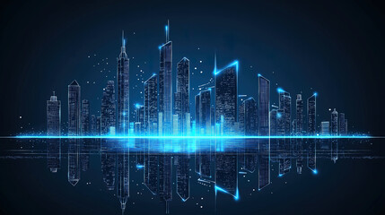 Fototapeta premium futuristic blue glowing modern city skyline and the beautiful reflextion in water at night