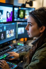 A female journalist editing a video report in a media editing room. She&rsquo;s focused on her screen with multiple clips and editing tools open