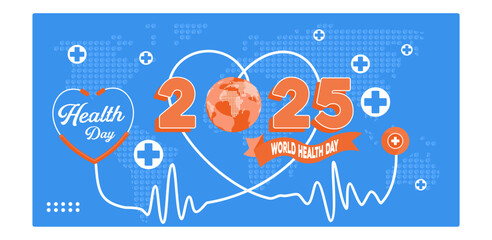 Commemoration of World Health Day 2025. Stethoscope in the shape of a heart and medical symbols. World Health Day concept. Flat vector illustration.