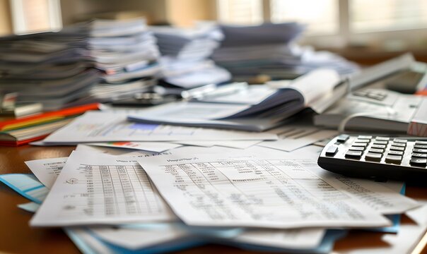 Calculator on financial statement and balance sheeet on desk of auditor. Concept of accounting and audit business. 