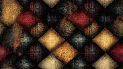 A seamless pattern featuring classic tartan designs with a mix of warm autumn colors like rust, ochre, and deep green, the textured fabric effect enhancing the rich, traditional feel, hd quality,