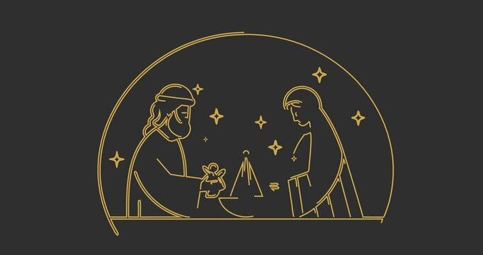 Christmas Holy Family. Star of Bethlehem, Virgin Mary, saint Joseph and cradle of baby Jesus. Birth of Savior Christ. Outline thin line drawing doodle for Xmas holiday design