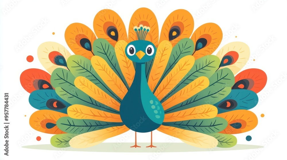 Poster a minimalist vector of a peacock with a vibrant feather display, using a simple color palette for mo