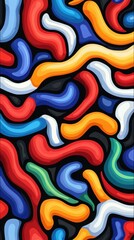 Obraz premium Experience a vibrant mix of playful shapes and dynamic lettering in a unique colorful abstract pattern on a dark backdrop.