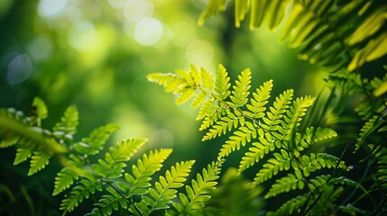 07231249 613. Artistic close-up of vibrant fern leaves in a spring woodland, capturing the intricate details of the growing fronds and leaving space for additional content or messages