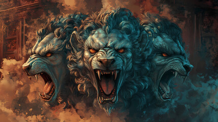 The mythical creature chimera in greek mythology with three extremely scary heads. Chimera. Illustration