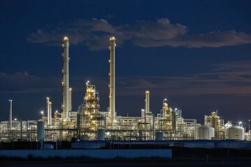 Nighttime Aerial View of Oil Refinery and Petrochemical Facilities Under Dark Skies
