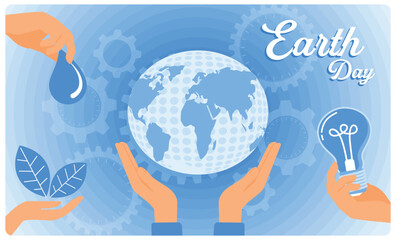 A pair of hands holding a globe. Protecting water and plant ecosystems for sustainable energy. Earth Day concept. Flat vector illustration.