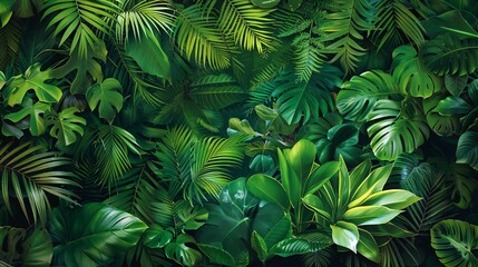 Fototapeta premium 07231249 617. Detailed depiction of a tropical forest backdrop featuring an array of green leaves, highlighting the diversity and richness of the foliage in a vibrant, natural setting