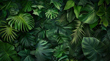07231249 618. Artistic representation of green tropical leaves creating a dense forest background, with intricate details of different leaf types blending into a cohesive natural scene