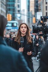 A female journalist reporting live from the scene of a breaking news event. She&rsquo;s speaking into the camera with a busy cityscape in the background