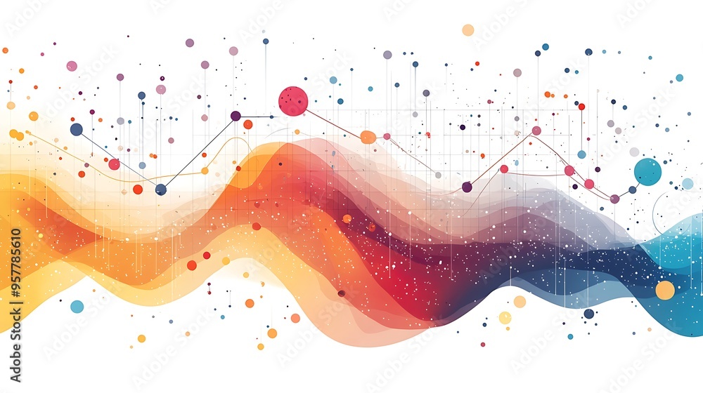 Poster an abstract background of colorful wavy lines, dots, and dynamic patterns creating visual movement.