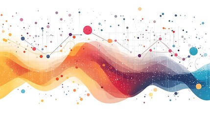 An abstract background of colorful wavy lines, dots, and dynamic patterns creating visual movement.