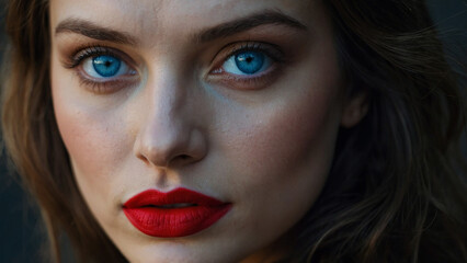 This is a close-up photo of a woman with blue eyes and red lips.

