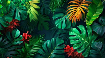07231249 628. Artistic representation of tropical leaves from Asian trees, highlighting the natural beauty and diversity of the foliage in a vivid and immersive background scene