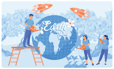 People water the plants and the earth. Protect the earth from pollution. Earth Day concept. Flat vector illustration.