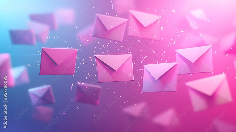 Poster pink envelopes float against a neon gradient background, creating a dreamy and playful scene.