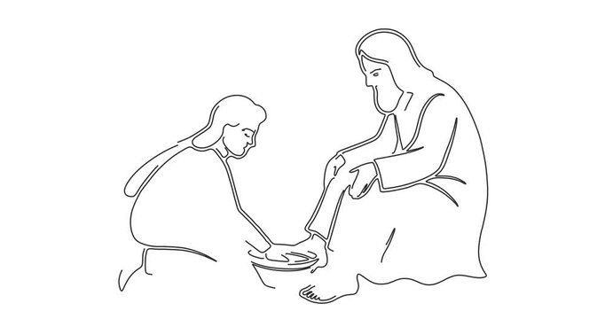 The woman washed Jesus feet with her tears. Thin line animation for Bible stories. Gospel story. New Testament.