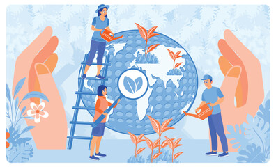 Happy Earth Day. People care for and protect the earth. Earth Day concept. Flat vector illustration.