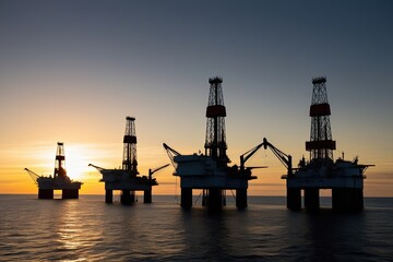 Obraz premium Sunset Silhouettes of Offshore Drilling Platforms in Arctic Energy Exploration
