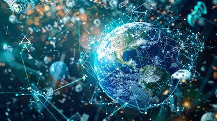 Obraz premium 07231249 636. High-tech illustration of a global recycling network powered by AI, featuring interconnected nodes and digital pathways, with visual elements representing waste management and recycling
