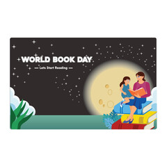 Mother and daughter sitting on a pile of books. Mother reading a storybook to her daughter. World Book Day concept. Flat vector illustration.