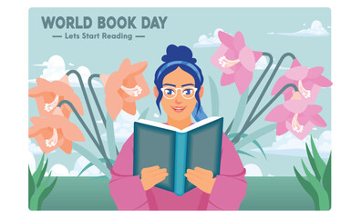 World Book Day. Teenage woman reading a book in the flower garden. World Book Day concept. Flat vector illustration.