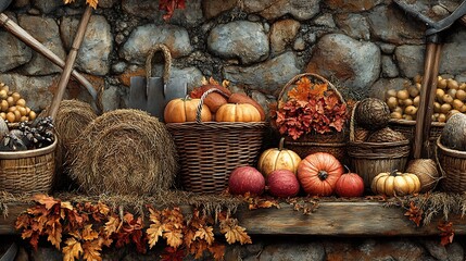 A seamless pattern featuring vintage farming tools like scythes and pitchforks, surrounded by baskets overflowing with harvest goods and bales of hay, the warm,