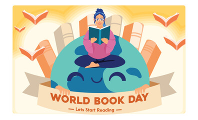 Teenage girl sitting on a globe reading a book. World Book Day celebration. World Book Day concept. Flat vector illustration.