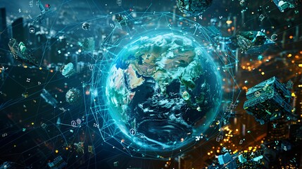 Obraz premium 07231249 640. Conceptual illustration of a global waste management system driven by AI, featuring a network of recycling stations and smart technology visualized on a digital globe