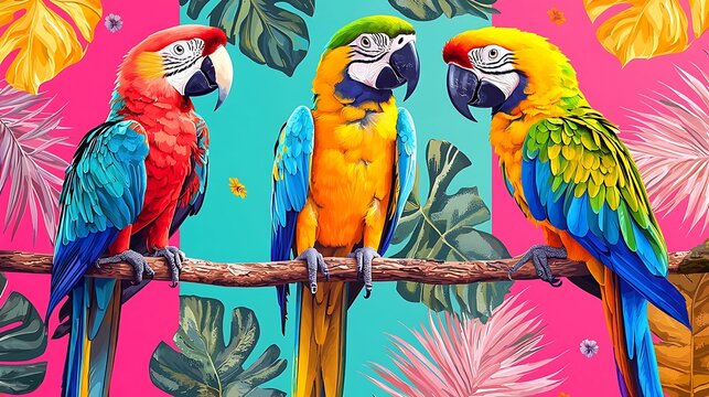 Colorful parrots perch on a branch surrounded by tropical leaves and vibrant flowers.