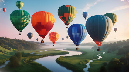 Fototapeta premium Morning Light and Balloons Above the Valley