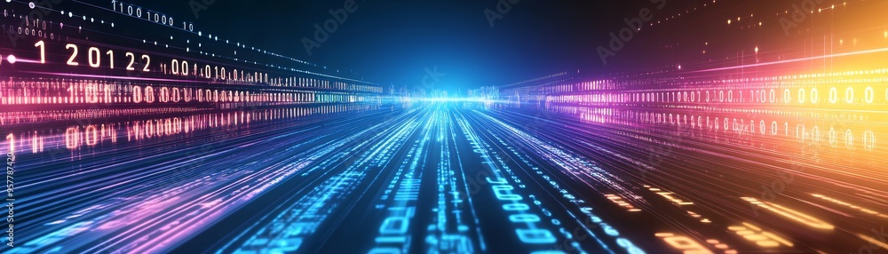 Poster abstract futuristic data stream background with colorful light trails representing high-speed digita