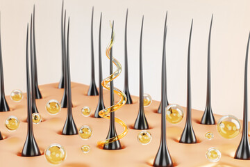 3d hair care, scalp with follicles, golden spiral swirl and oil drops. Keratin repair, nourish and treatment. Yellow liquid droplets of cosmetic product serum or shampoo render banner. 3D illustration