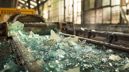 07231249 657. High-resolution photo capturing the industrial process of recycling broken glass, with machinery and equipment in action, emphasizing the efficiency and importance of glass recycling