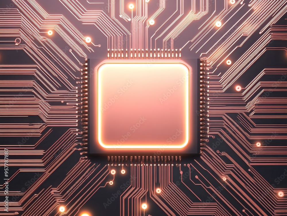 Poster close-up of a glowing microchip on a circuit board, representing advanced technology and futuristic 