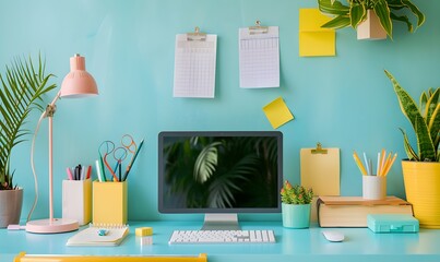 Workspace home office desk supplies on office workplace. 