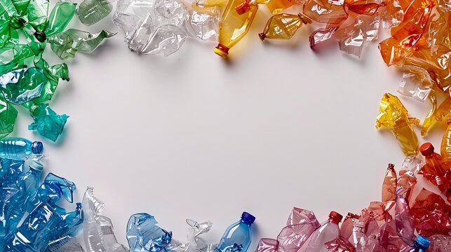 07231249 671. Detailed image of crushed plastic bottles arranged in a circular border on a white background, emphasizing the recycling process and environmental conservation message