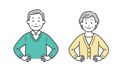 腰に手を当てて自信を見せる高齢者男女の上半身イラスト
