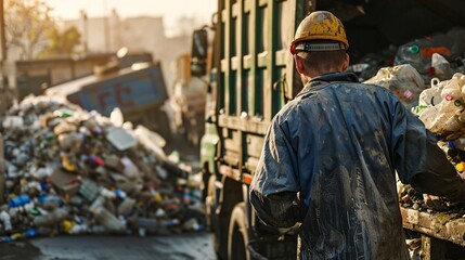 Fototapeta premium 07231249 676. Detailed photo of a garbage collector in the morning light, loading plastic waste into a garbage truck, with a focus on the action of waste collection and the role in managing plastic