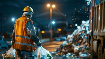 07231249 680. Comprehensive image of a garbage man at work in the early hours, collecting plastic waste and loading it into a truck, with a focus on the essential role of waste collection and