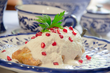 Authentic mexican Chiles en Nogada, roasted and stuffed poblano pepper with walnut white sauce and fresh pomegranate, served over talavera plate at Puebla city, Mexico.